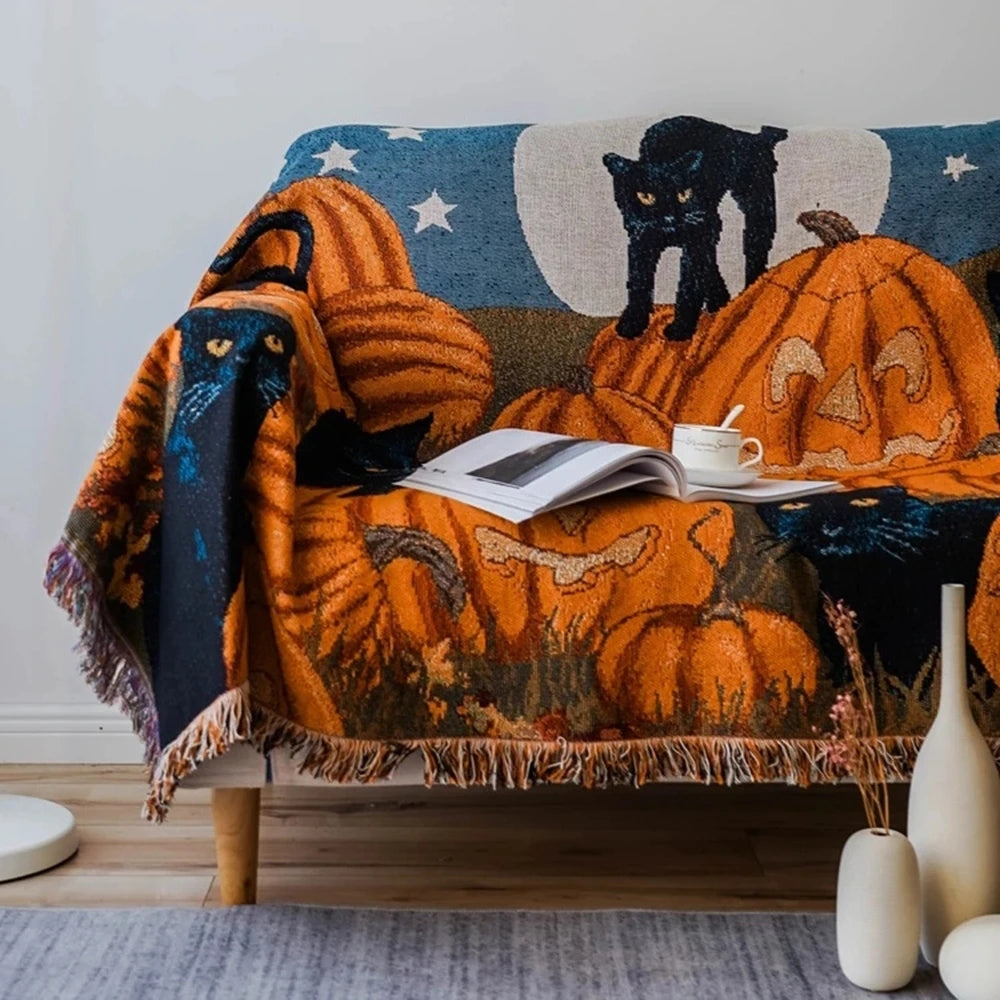 2024 Halloween Black Cat Pumpkin Knitted Cozy Throw Blanket