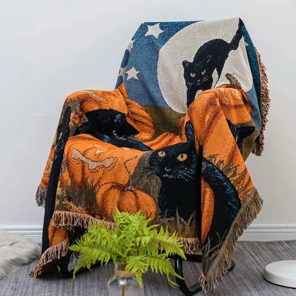 2024 Halloween Black Cat Pumpkin Knitted Cozy Throw Blanket