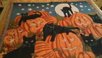 2024 Halloween Black Cat Pumpkin Knitted Cozy Throw Blanket